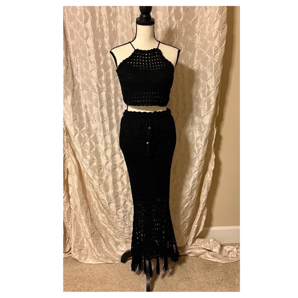 VICI Black Ivie Crochet Two-Piece Halter Crop Top Midi Skirt Set - Picture 2 of 16